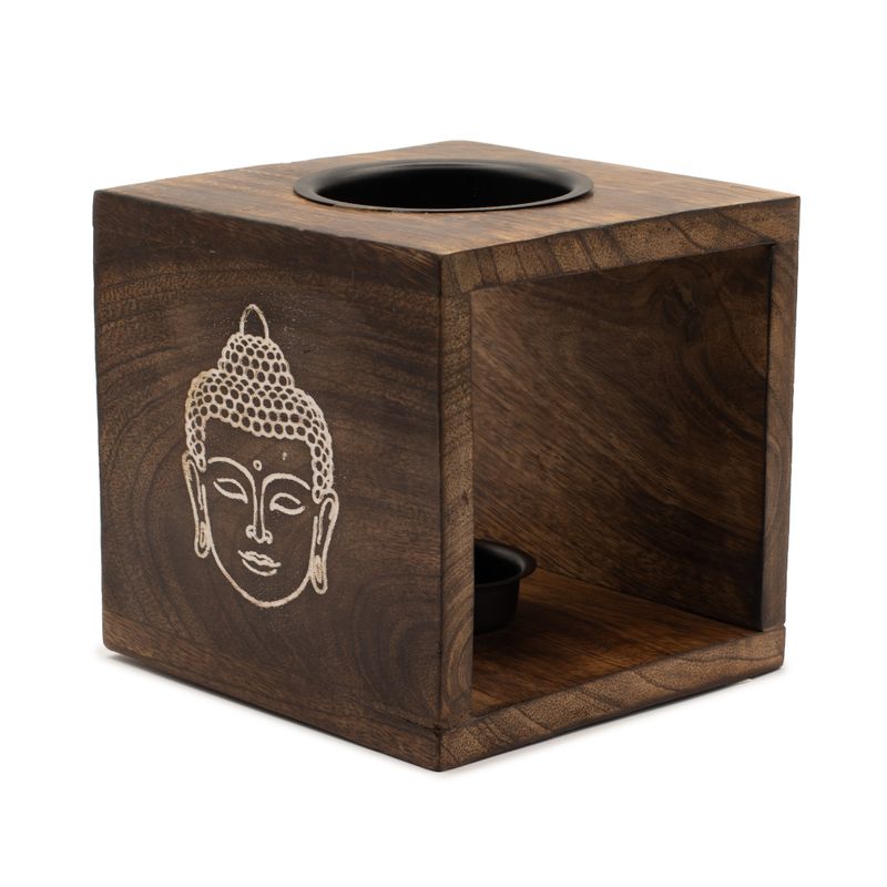 Großer quadratischer Ölbrenner aus Mangoholz – Buddha-Gesicht