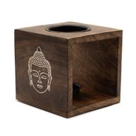 Großer quadratischer Ölbrenner aus Mangoholz – Buddha-Gesicht