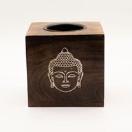 Großer quadratischer Ölbrenner aus Mangoholz – Buddha-Gesicht