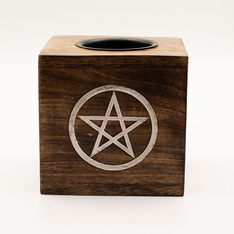 Großer quadratischer Ölbrenner aus Mangoholz – Pentagramm