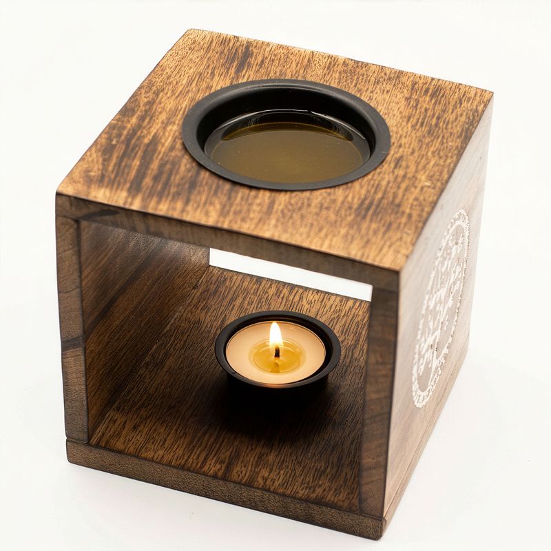 Großer quadratischer Ölbrenner aus Mangoholz – Pentagramm