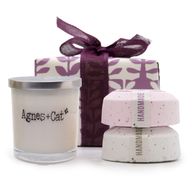 Geschenkbox – Mondstein (Kerze) + Provence & Tee und Rosen (Badebombe)