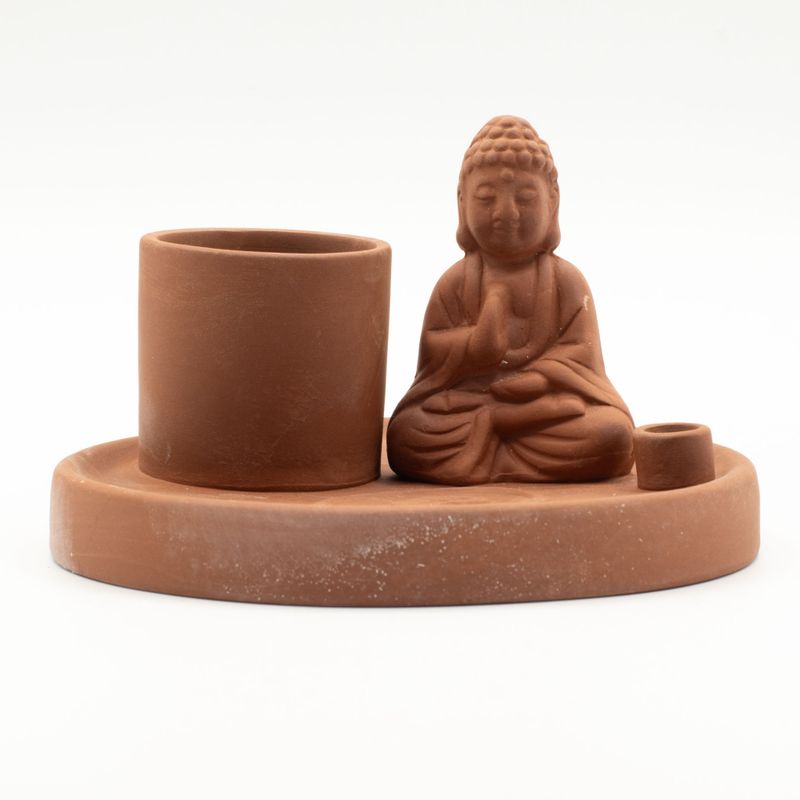 Mehrzweck-Räucherteller mit Buddha-Motiv – Naturfarbener Terrakotta-Stil