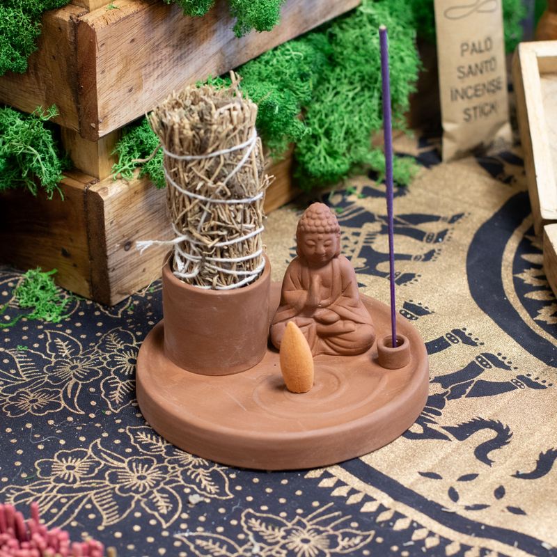 Mehrzweck-Räucherteller mit Buddha-Motiv – Naturfarbener Terrakotta-Stil