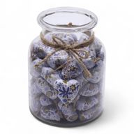 Große Deko-Herzen aus Holz – Blaues Blumenmuster (50 Stück) – im Präsentationsglas