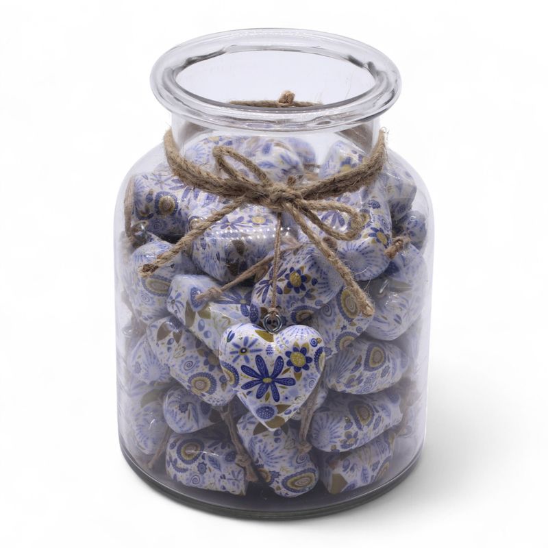 Große Deko-Herzen aus Holz – Blaues Blumenmuster (50 Stück) – im Präsentationsglas
