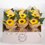 Schachtel mit verkaufsfertigen Seifenblumen – Strauß mit zwei Sonnenblumen
