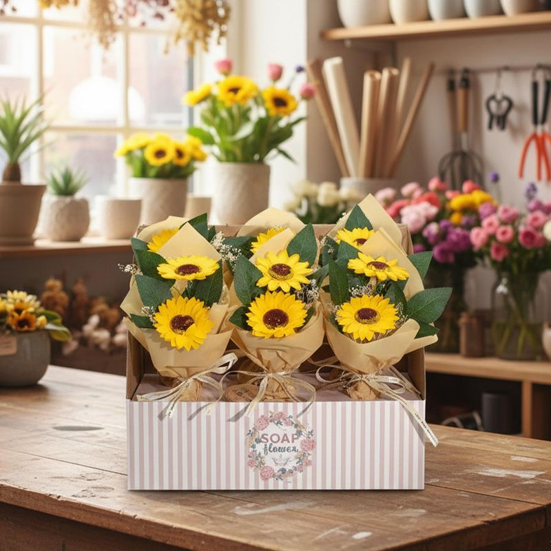 Schachtel mit verkaufsfertigen Seifenblumen – Strauß mit zwei Sonnenblumen