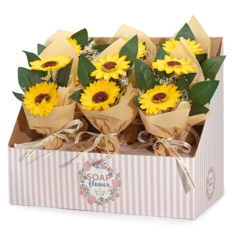 Schachtel mit verkaufsfertigen Seifenblumen – Strauß mit zwei Sonnenblumen