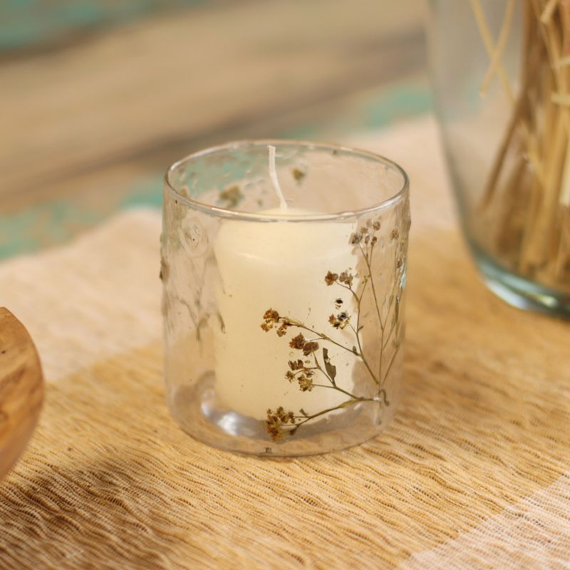 Kerzenhalter aus Naturglas mit Blumenmuster – gerader Kerzenhalter – Gänseblümchen – (8x8cm)