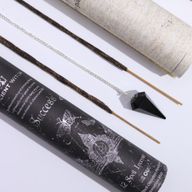 Antike Hexenröhre mit Zaubersprüchen – Räucherwerk – Erfolg – Pendel aus schwarzem Obsidian