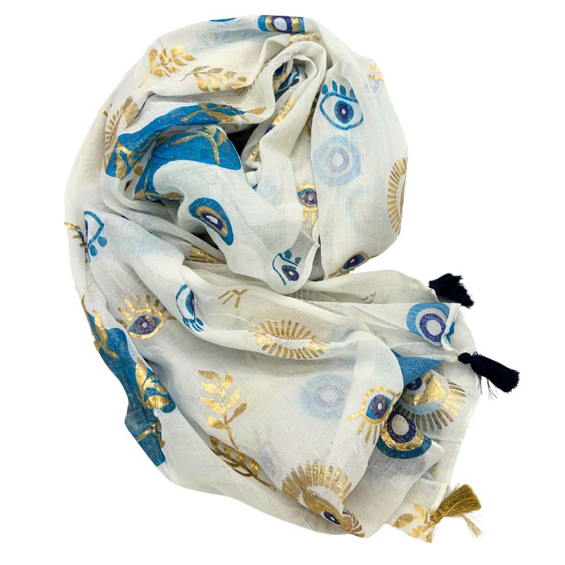 Nomad Sari On the Med Kollektion - Pario - Weißes, blaues und goldenes Design mit bösem Blick