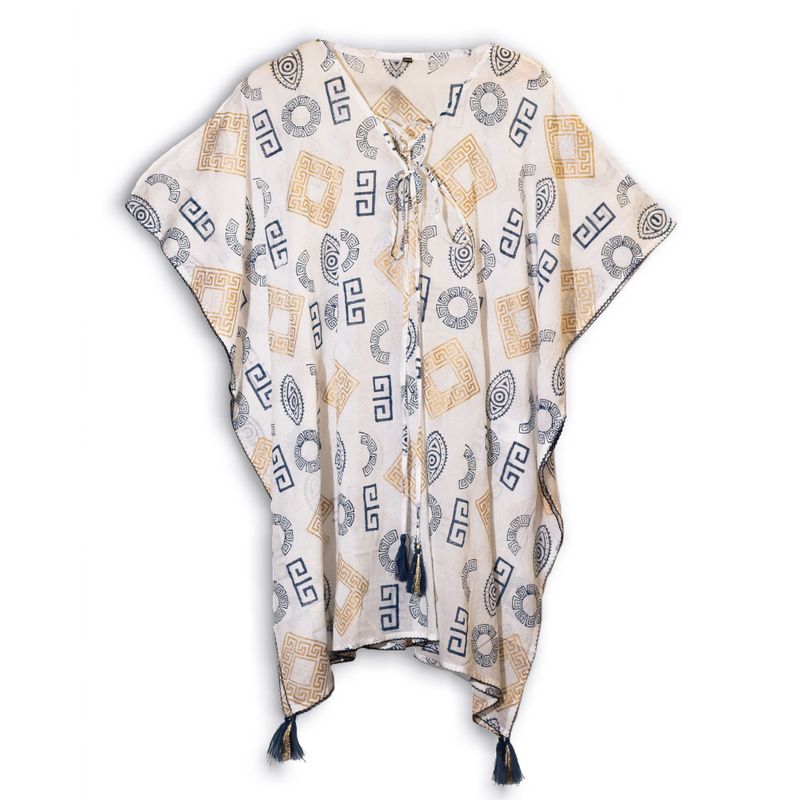 Nomad Sari On the Med Kollektion - Kaftan - Griechisches Motiv in Gold und Blau – handbemalt