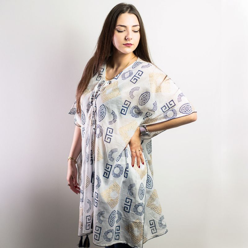 Nomad Sari On the Med Kollektion - Kaftan - Griechisches Motiv in Gold und Blau – handbemalt