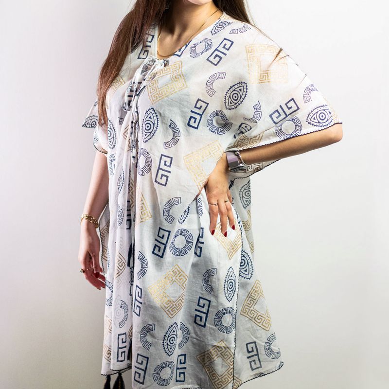Nomad Sari On the Med Kollektion - Kaftan - Griechisches Motiv in Gold und Blau – handbemalt