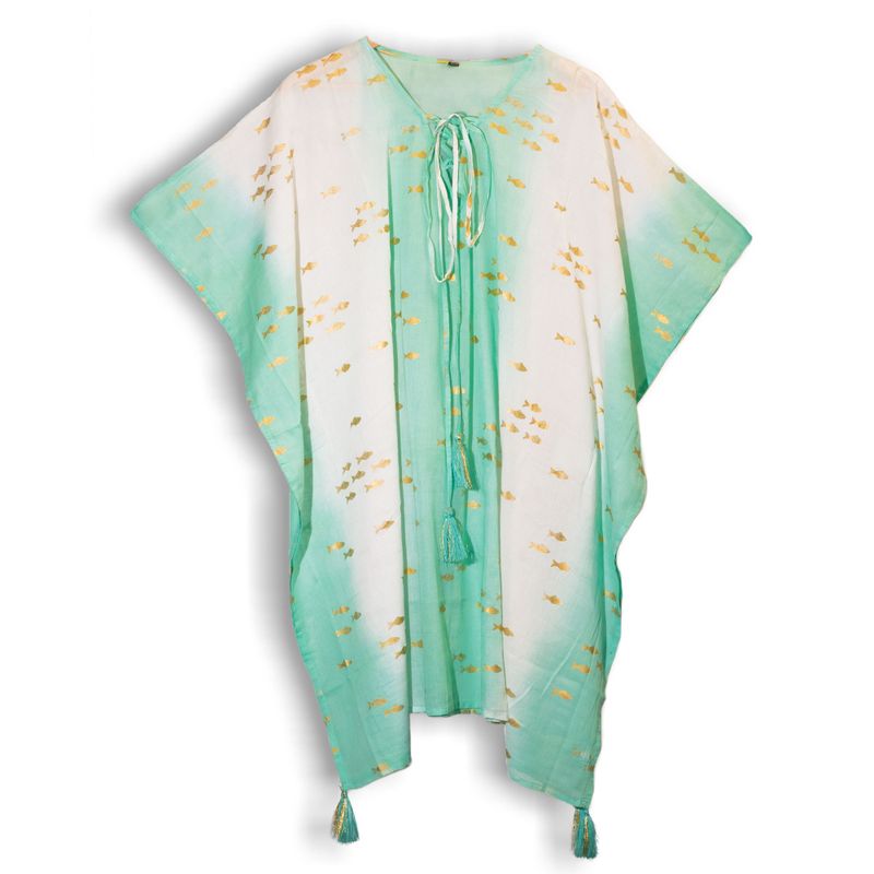 Nomad Sari On the Med Kollektion - Kaftan - Weiß & Türkis & Gold Fisch Design