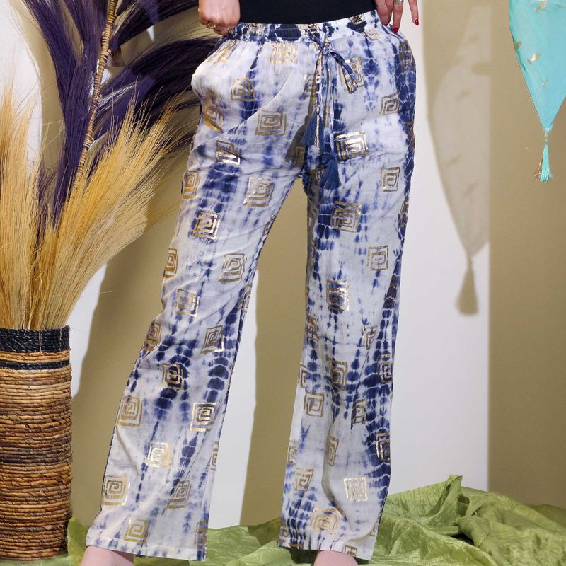 Loungehose - Gold & Blaues griechisches Motiv - Handbemalt M-L
