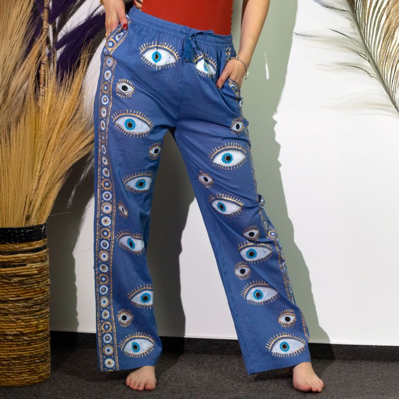 Loungehose - Handgemaltes Evil Eye-Design in sattem Blau und Gold M-L