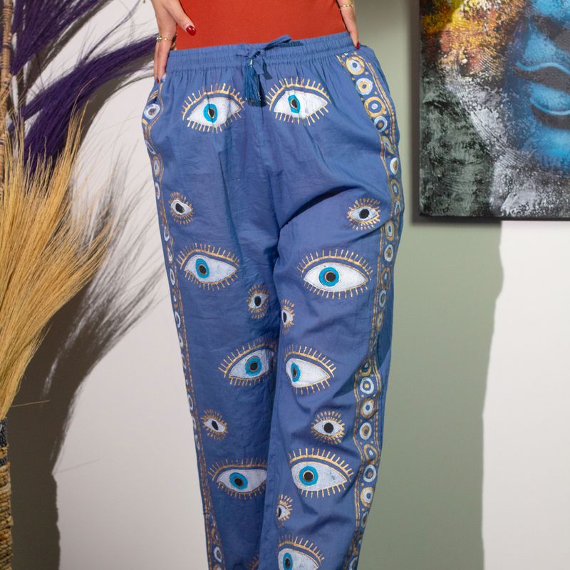 Loungehose - Handgemaltes Evil Eye-Design in sattem Blau und Gold M-L