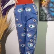 Loungehose - Handgemaltes Evil Eye-Design in sattem Blau und Gold M-L