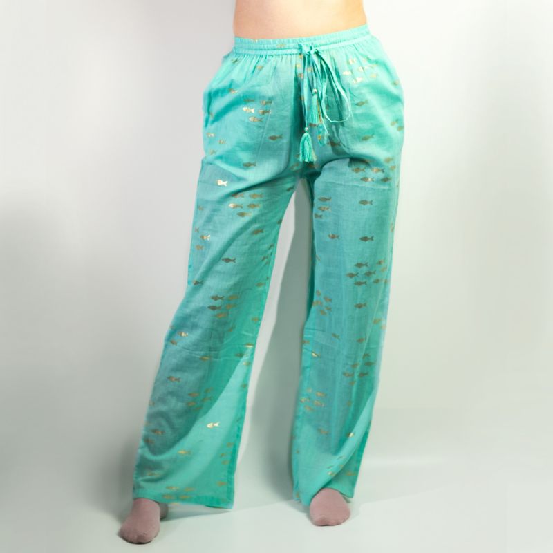 Loungehose – Türkis- und Goldfisch-Design M-L