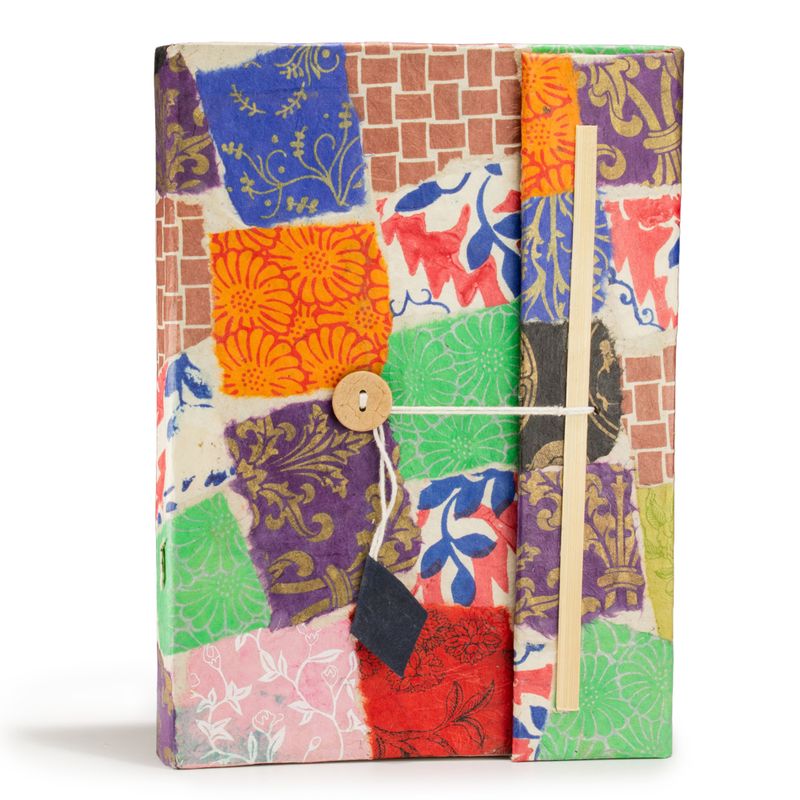 Großes Lokta Patchwork-Notizbuch (21 x 15 cm) – 45 Blatt – inkl. Lesezeichen – Mehrfarbig