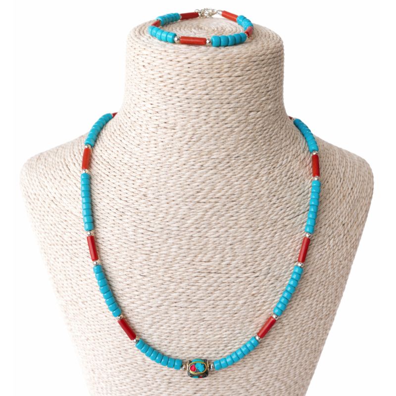 Nepalesisches Set aus Halskette, Stammesperlen, Türkis und Koralite (50 cm) und Armband (17 cm)