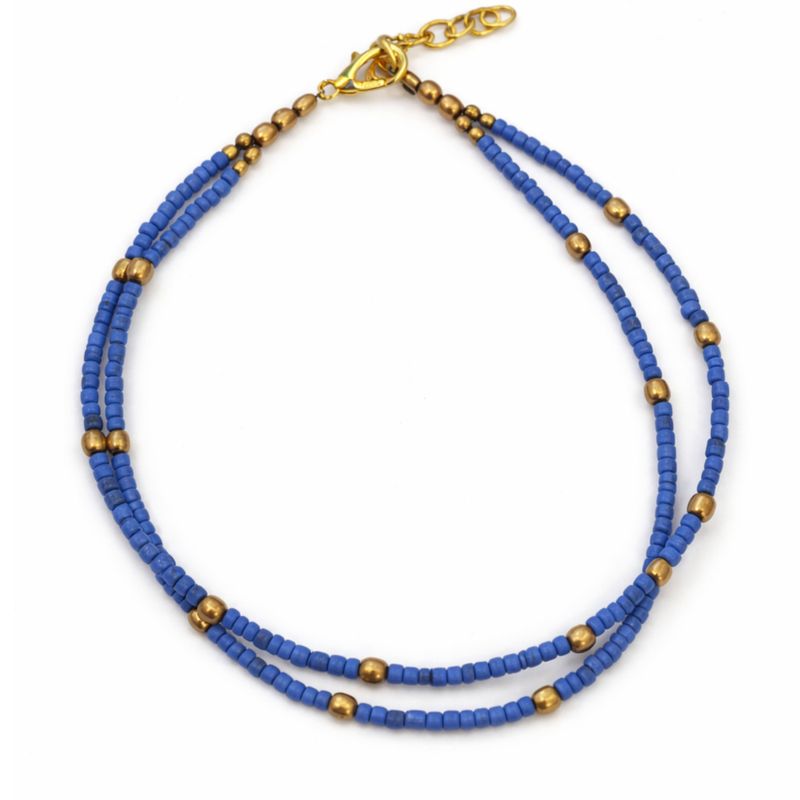Feine nepalesische Doppellinien-Fußkette mit Lapislazuli- und Messingperlenverzierung - (22 cm)