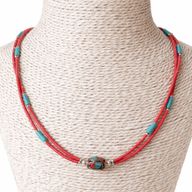 Nepalesische extra feine zweireihige Halskette - Rosa & Türkis Anhänger