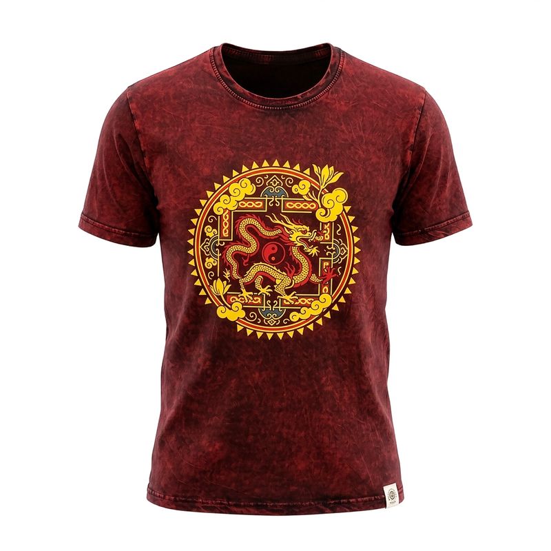 Nomad Sari steingewaschene Baumwoll-T-Shirt - Drachen-Mandala - Burgunderrot - Klein