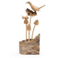 Handgefertigte Parasiten-Holzkunst-Schnitzerei – Vogel und Biene auf Pilzen