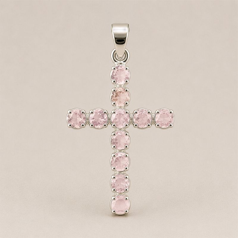Indische Andachtsanhänger - versilbert (45 cm Kette) - Rosenquarz-Kreuz