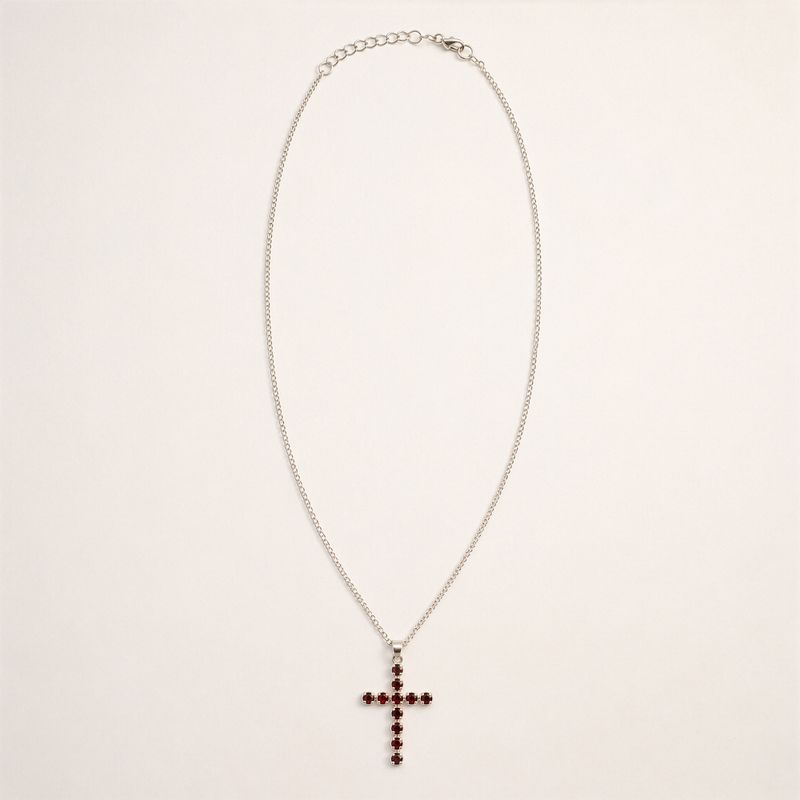 Indische Andachtsanhänger - Silberbeschichtet (45 cm Kette) - Granat-Kreuz