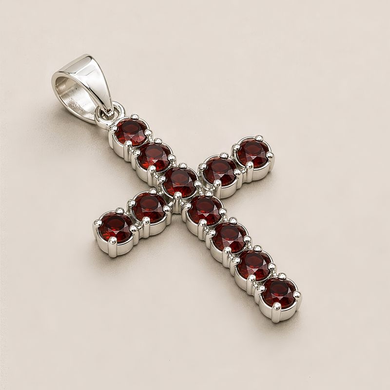 Indische Andachtsanhänger - Silberbeschichtet (45 cm Kette) - Granat-Kreuz