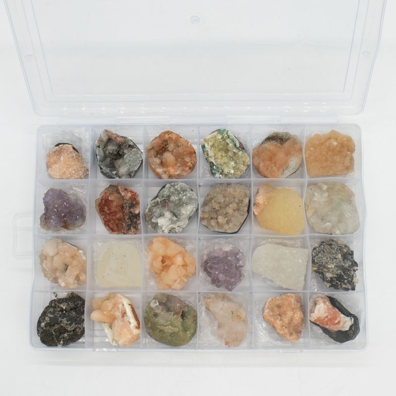 Mineralproben - 24 Stück gemischter indischer Zeolithe in einer Vitrine