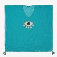 Nomad Sari Auf der Mittelmeer-Kollektion - Kaftan - Türkis mit Gold und Weiß Großes Nazar-Amulett