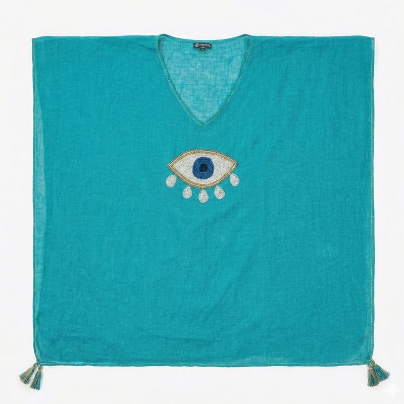 Nomad Sari Auf der Mittelmeer-Kollektion - Kaftan - Türkis mit Gold und Weiß Großes Nazar-Amulett