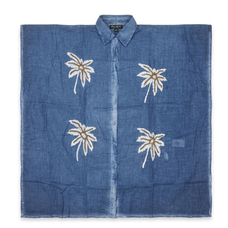 Nomad Sari Auf der Med-Kollektion - Kaftan - Blau mit Gold- und Weißem Palmen-Dekor