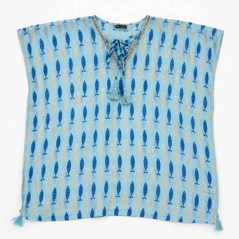 Nomad Sari Auf der Med-Kollektion - Kaftan - Türkis und Blau Kräftiges Fischmuster