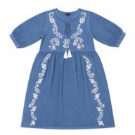 (M-L) Nomad Sari aus der Med-Kollektion - Kleid - dunkelblau mit Stickerei und Quasten