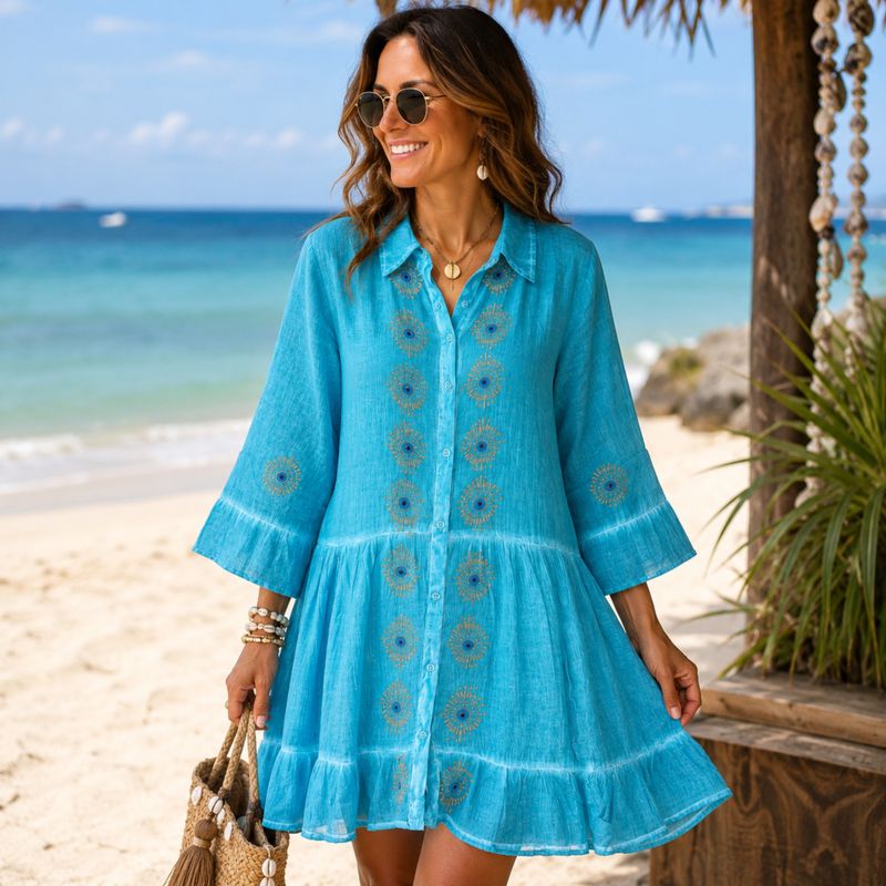 (M-L) Nomad Sari On the Med Collection - Tunika-Kleid - Türkis mit Blockdruck des bösen Blicks