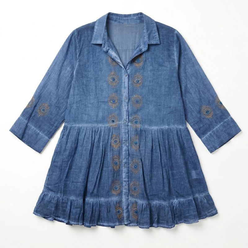 (M-L) Nomad Sari Aus der Med-Kollektion - Tunika-Kleid - Dunkelblau mit Bösem Blick-Blockdruck