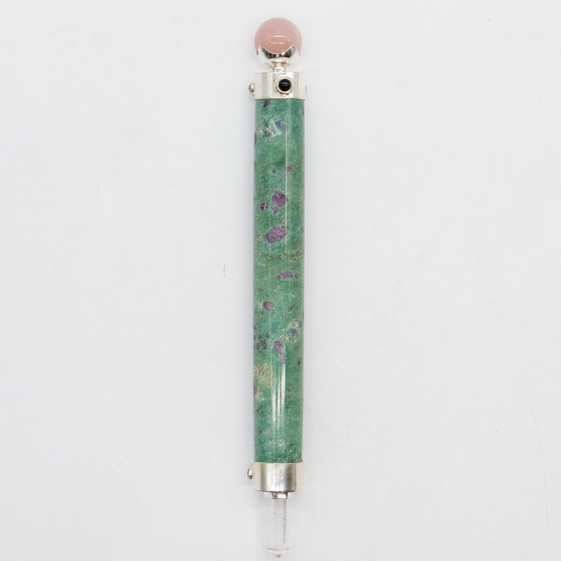Grüner Herzstab - Rubin-Fuchsit Rosenquarz Kristallkugel an der Spitze - 23 cm