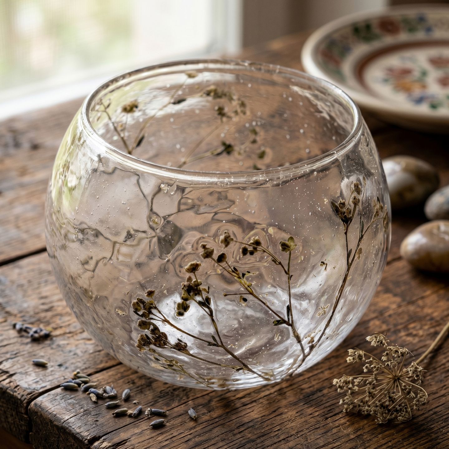 Kerzenhalter aus Glas mit natürlichen Blumenmustern