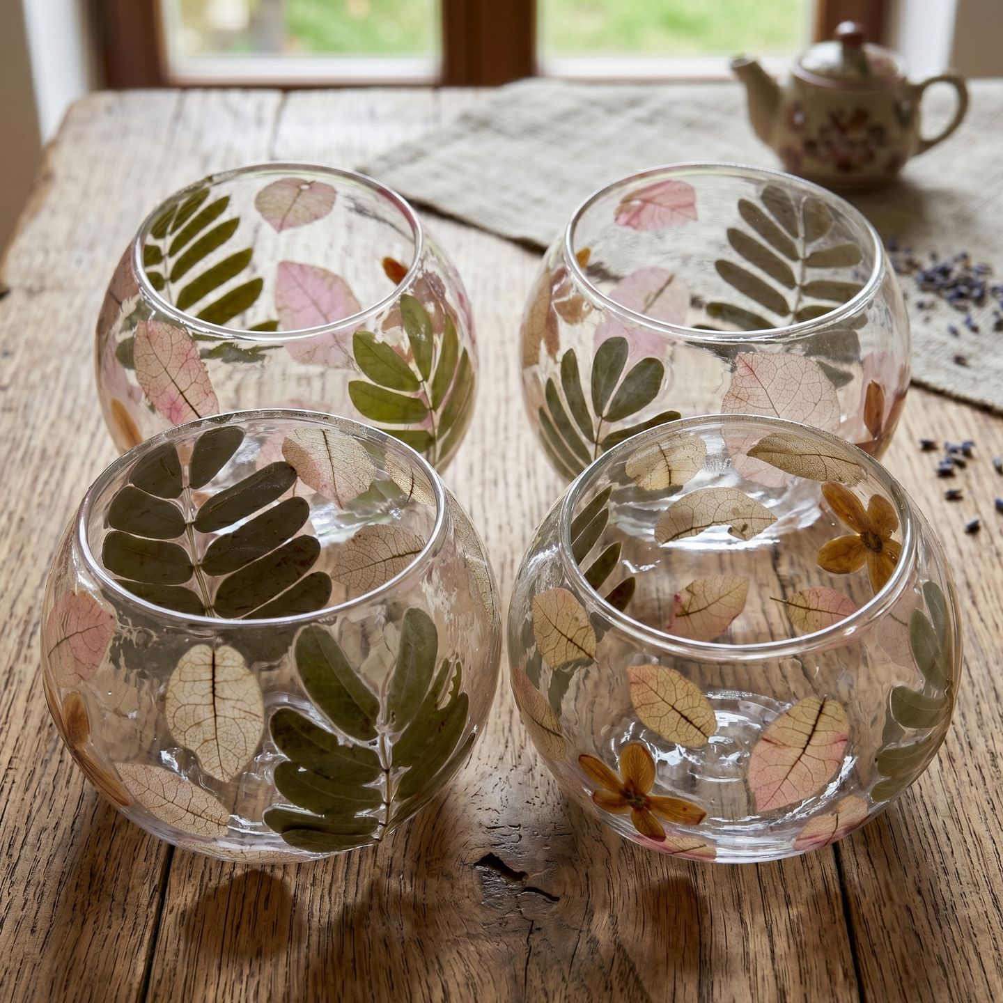 Kerzenhalter aus Glas mit natürlichen Blumenmustern