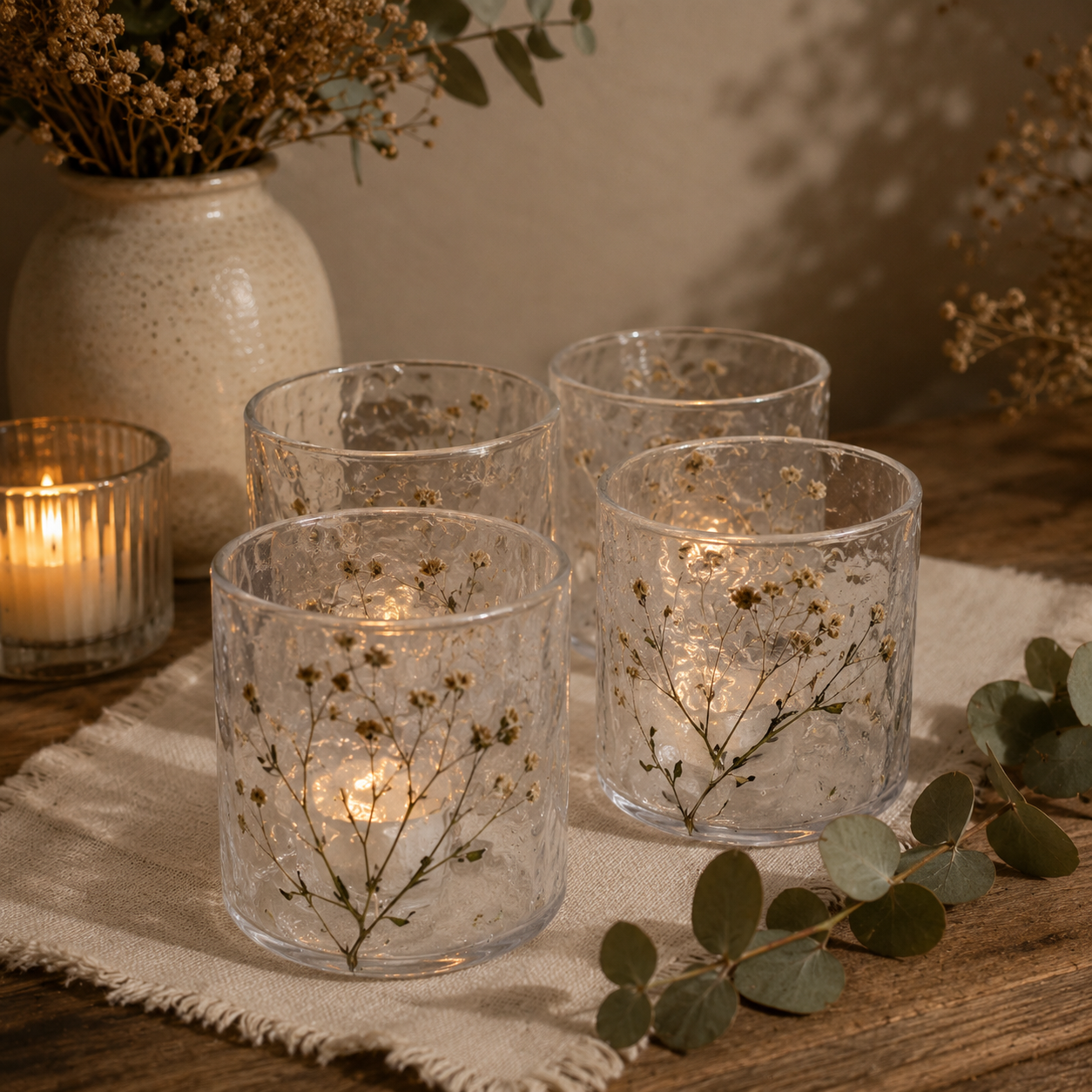 Kerzenhalter aus Glas mit natürlichen Blumenmustern