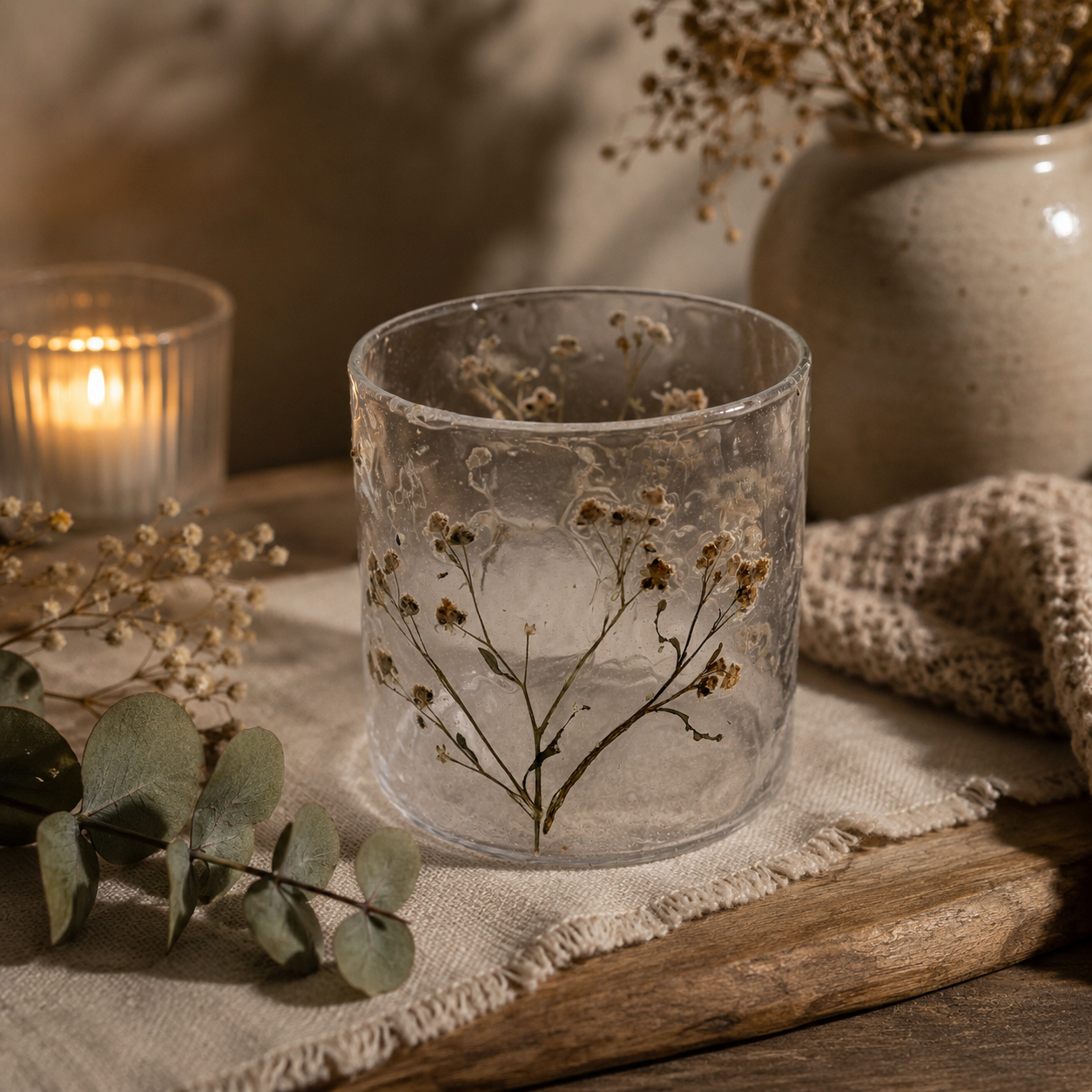 Kerzenhalter aus Glas mit natürlichen Blumenmustern