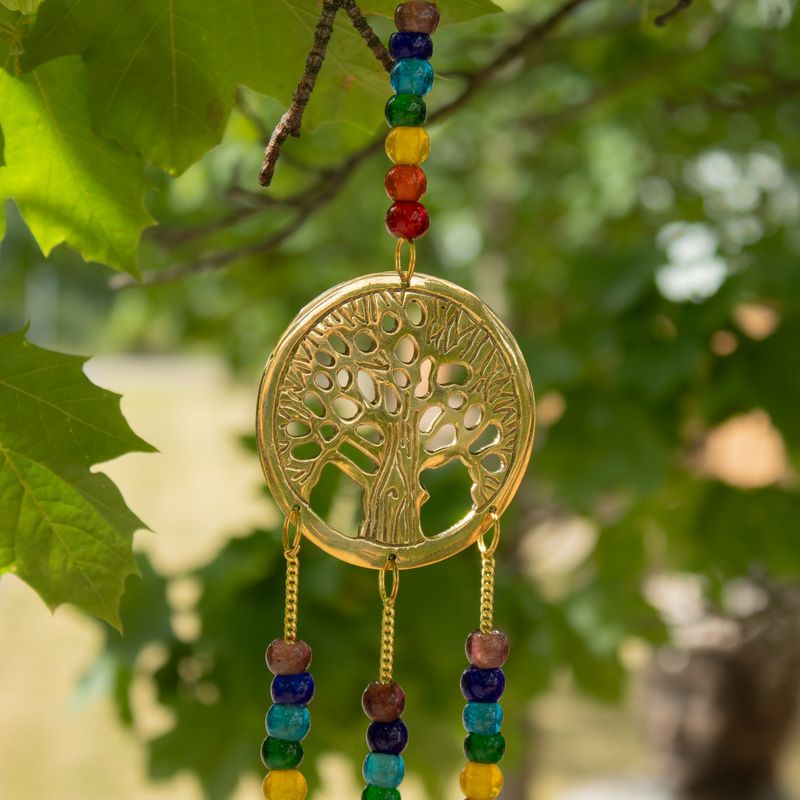 Indische Glocken - Messing-Baum des Lebens mit Chakra-Perlen - 3 Glöckchen - 6,5 x 31 cm