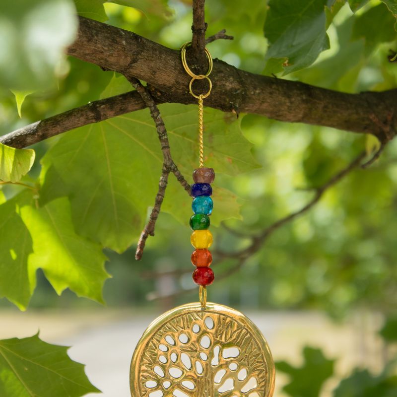 Indische Glocken - Messing-Baum des Lebens mit Chakra-Perlen - 3 Glöckchen - 6,5 x 31 cm