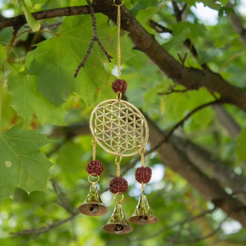 Indische Glocken - Messing-Blume des Lebens mit Rudraksha-Perlen - 3 Glocken - 6 × 27 cm